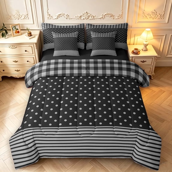 Manfei Geometric Check 7-Piece King Bedding,Minimalism Polka Dot King Bed in a Bag,Gray Black,Black Reversible