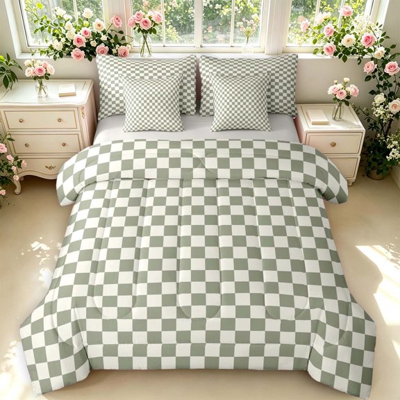 Manfei Geometric Check 7-Piece Twin Bedding,Classic Checkered Bedding Comforter Set,Gray Green,Light Gray Reversible