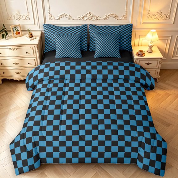 Manfei Geometric Check 7-Piece Twin Bedding,Classic Plaid Bedding Comforter Set,Blue Black,Black Reversible
