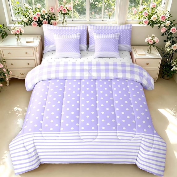 Manfei Geometric Check 7-Piece Twin Bedding,Minimalism Polka Dot Bedding Comforter Set,Purple,Reversible