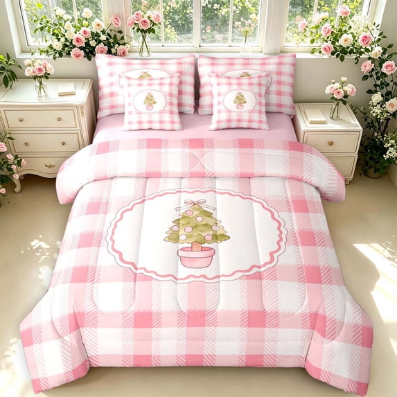 Manfei Geometric Check 7 Pieces Full Size Bedding Sets,Cozy Christmas Full Size Bed in a Bag,Pink,Pink Reversible
