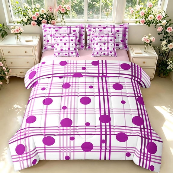 Manfei Geometric Check 7 Pieces Full Size Bedding Sets,Minimalism Polka Dot Full Size Bed in a Bag,White Purple,Pink Reversible