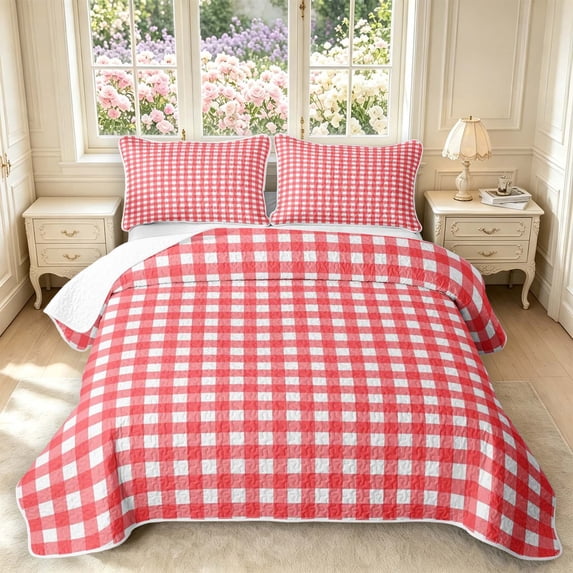 Manfei Geometric Check Bed Spread Queen,Classic Plaid Queen Coverlet Set,Red,3 Pieces,1 Quilt and 2 Pillowcases