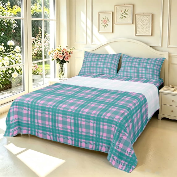 Manfei Geometric Check King Sheets,Modern Checkered Bedding,Pink Green,4-Piece,1 Flat Sheet,1 Fitted Sheet and 2 Pillowcases