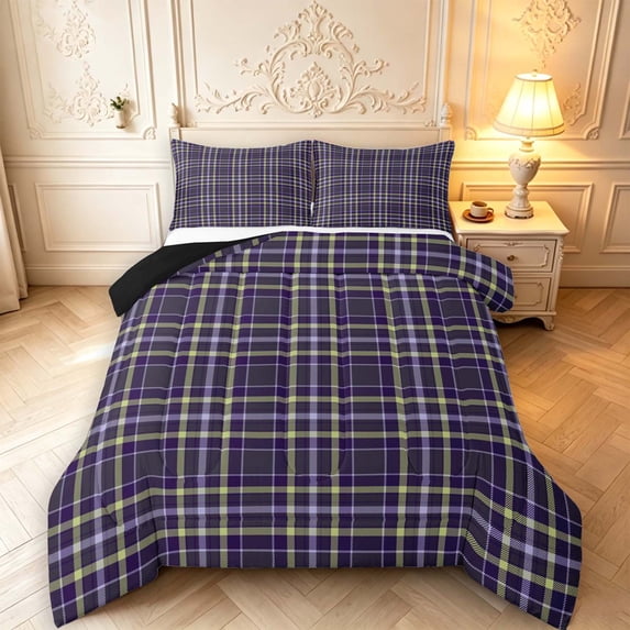 Manfei Geometric Check King Size Comforter Sets,Classic Plaid Comforters King Size,Purple Yellow White,Black Reversible,3-Piece,1 Comforter and 2 Pillowcases,3-Piece,1 Comforter and 2 Pillowcases