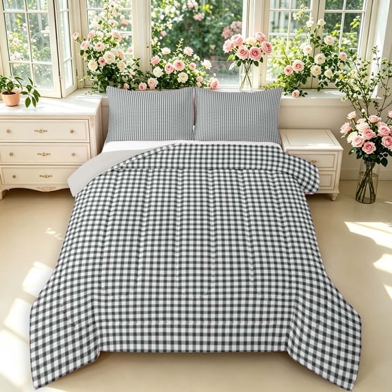 Manfei Geometric Check Queen Comforter Set,Classic Plaid Comforter Sets Queen,Dark Gray,Light Gray Reversible,3-Piece,1 Comforter and 2 Pillowcases,3-Piece,1 Comforter and 2 Pillowcases