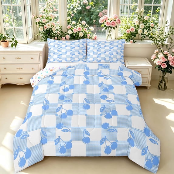 Manfei Geometric Check Queen Comforter Set,Cute Cherry Comforter Sets Queen,Blue Red,Colorful Stars Reversible,3-Piece,1 Comforter and 2 Pillowcases,3-Piece,1 Comforter and 2 Pillowcases