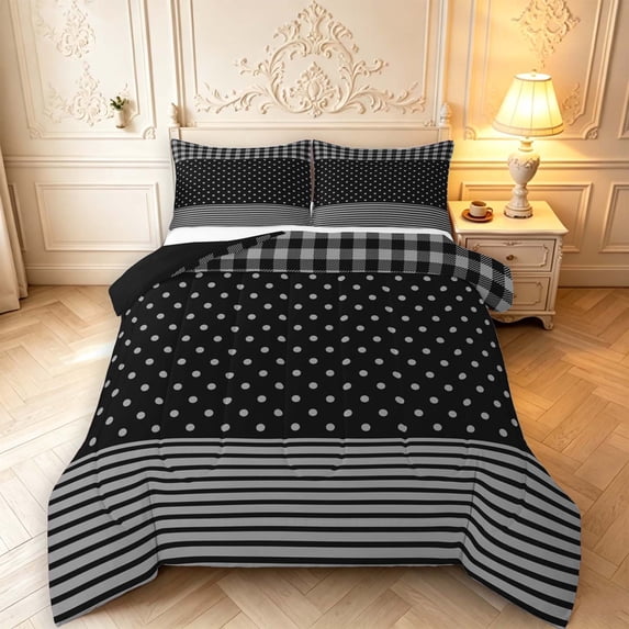 Manfei Geometric Check Queen Comforter Set,Minimalism Polka Dot Comforter Sets Queen,Gray Black,Black Reversible,3 Pieces,1 Comforter and 2 Pillowcases,3 Pieces,1 Comforter and 2 Pillowcases