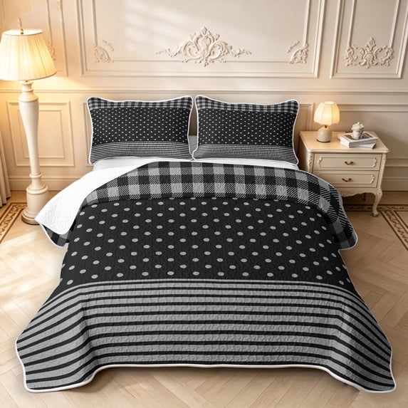 Manfei Geometric Check Quilt Full,Minimalism Polka Dot Full Bedspread Sets,Gray Black,3 Pieces,1 Coverlet and 2 Pillowcases
