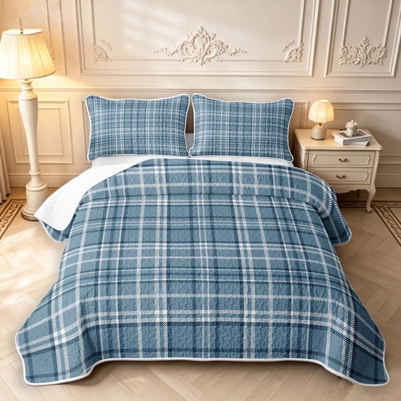 Manfei Geometric Check Quilt King,Classic Plaid Theme King Coverlet Set,Blue,3pcs,1 Bedspread and 2 Pillowcases