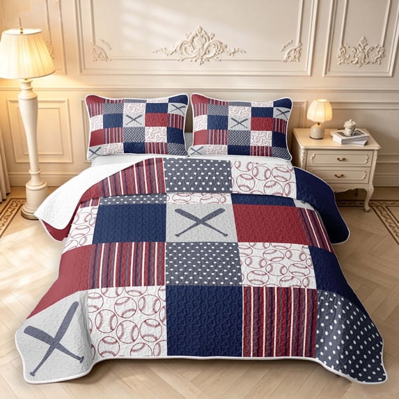 Manfei Geometric Check Quilt King,Sporty Baseball King Coverlet Set,Red Navy Gray,3pcs,1 Bedspread and 2 Pillowcases
