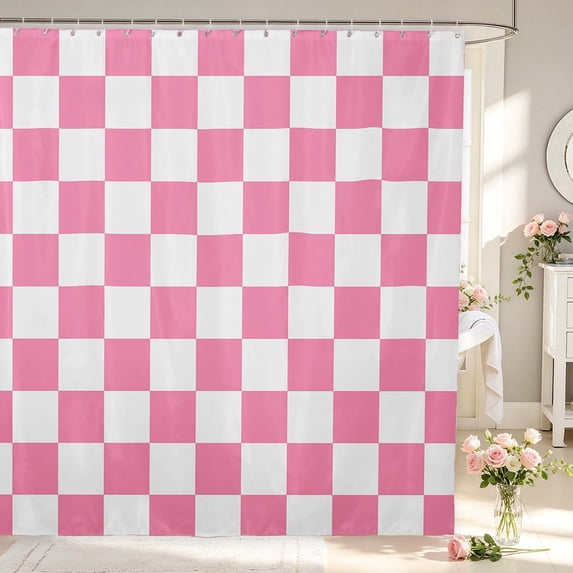 Manfei Geometric Check Shower Curtain 72Wx72L,Classic Checkered Bathroom Curtain,Pink White