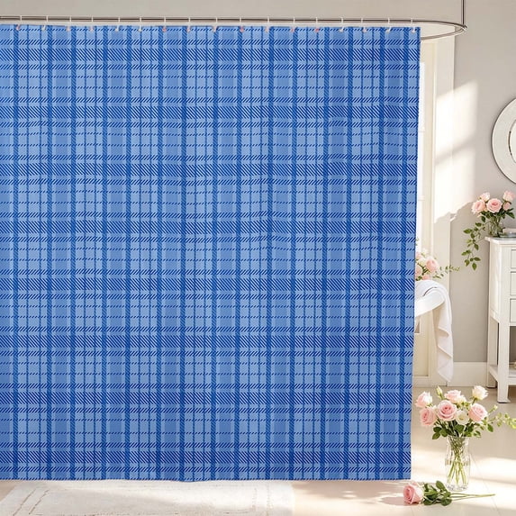 Manfei Geometric Check Shower Curtain 72Wx78L,Classic Plaid Bath Curtain,Navy