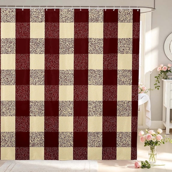 Manfei Geometric Check Shower Curtain 72Wx84L,Classic Plaid Bathroom Shower Curtain,Red Beige