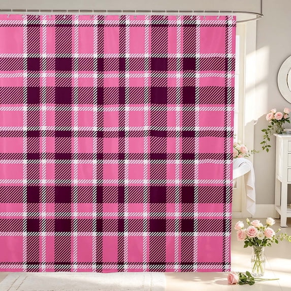 Manfei Geometric Check Shower Curtain 72Wx84L,Classic Plaid Theme Bathroom Shower Curtain,Pink Purple