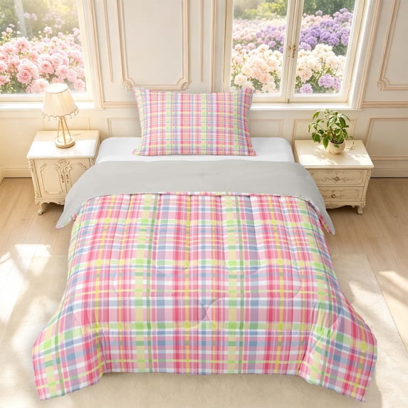 Manfei Geometric Check Twin Comforter Sets,Classic Checkered Themed Bedding Set,Pink Green,Light Gray Reversible,2pcs,1 Comforter and 1 Pillowcase,2pcs,1 Comforter and 1 Pillowcase
