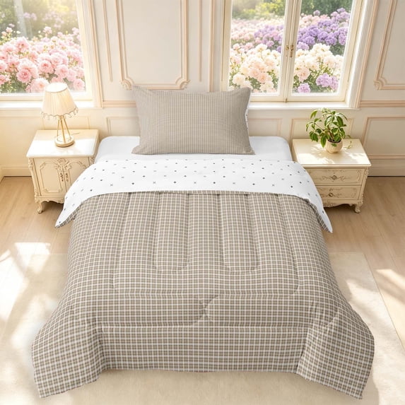 Manfei Geometric Check Twin Comforter Sets,Classic Plaid Bedding Set,Gray Brown,Reversible,2-Piece,1 Comforter and 1 Pillowcase,2-Piece,1 Comforter and 1 Pillowcase