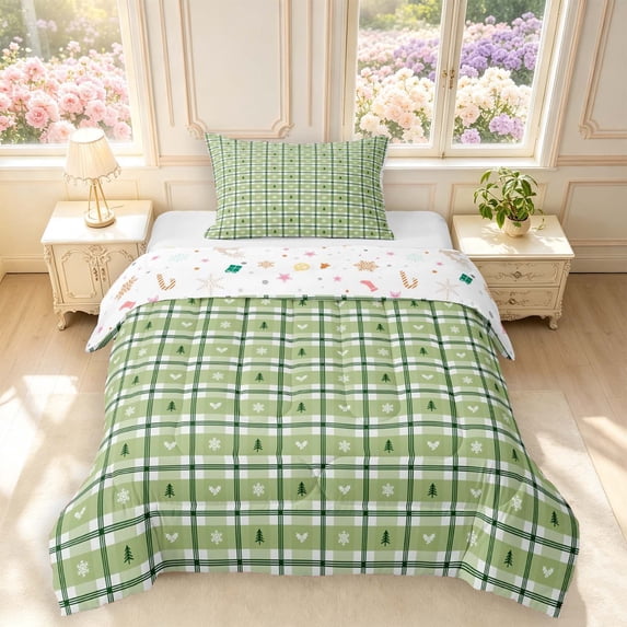 Manfei Geometric Check Twin Comforter Sets,Cozy Christmas Bedding Set,Green,Christmas Reversible,2pcs,1 Comforter and 1 Pillowcase,2pcs,1 Comforter and 1 Pillowcase