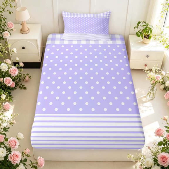 Manfei Geometric Check Twin Fitted Sheet,Minimalism Polka Dot Bedding,Purple,2 Pieces,1 Fitted Sheet and 1 Pillowcase