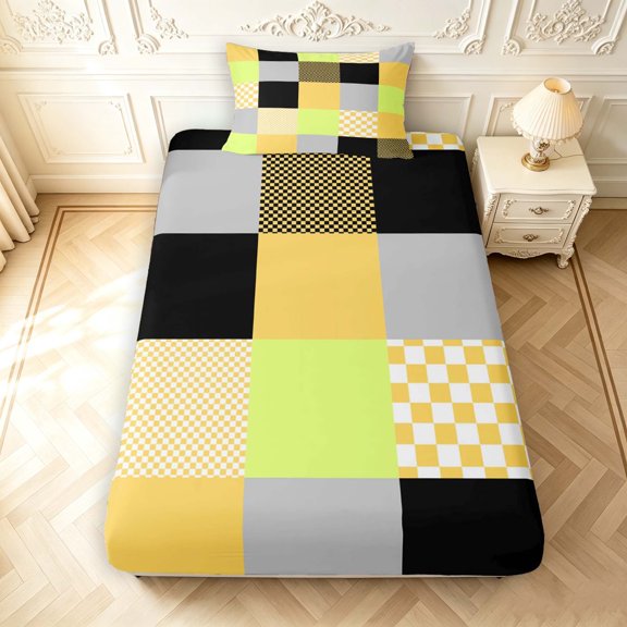 Manfei Geometric Check Twin Fitted Sheet,Modern Checkered Bedding,Yellow Orange,2 Pieces,1 Fitted Sheet and 1 Pillowcase