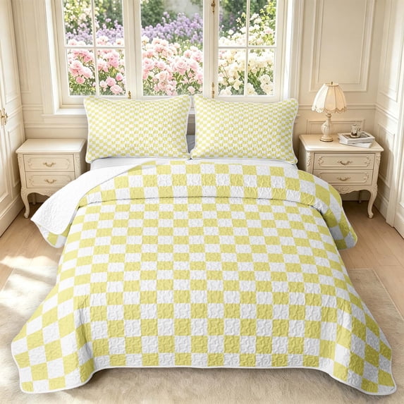 Manfei Geometric Check Twin Quilt Set,Classic Checkered Twin Coverlet Set,Yellow White,2-Piece,1 Bedspread and 1 Pillowcase