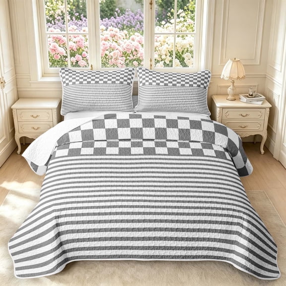 Manfei Geometric Check Twin Quilt Set,Classic Plaid Twin Coverlet Set,Gray White,2-Piece,1 Bedspread and 1 Pillowcase