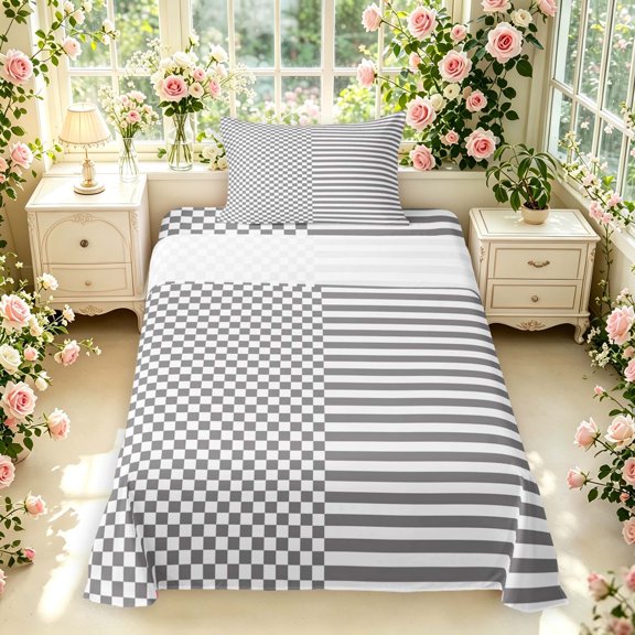 Manfei Geometric Check Twin Sheets,Art Stripes Bedding,Gray White,3-Piece,1 Flat Sheet,1 Fitted Sheet and 1 Pillowcase