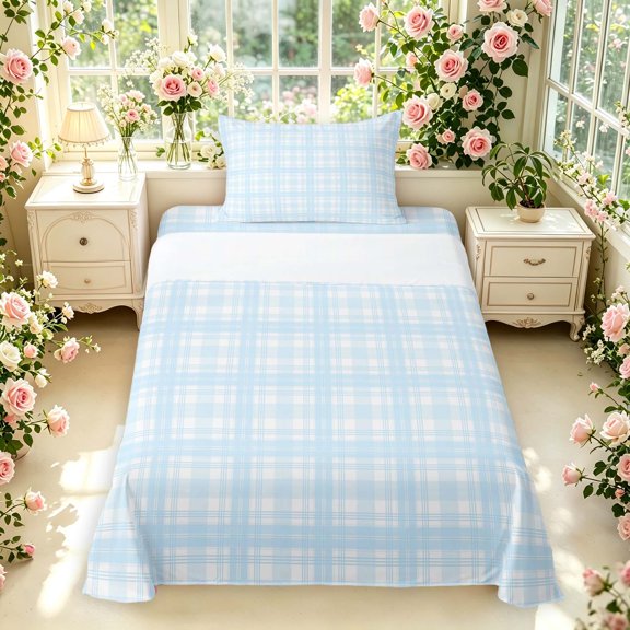 Manfei Geometric Check Twin Sheets,Classic Checkered Bedding,Blue,3 Pieces,1 Flat Sheet,1 Fitted Sheet and 1 Pillowcase