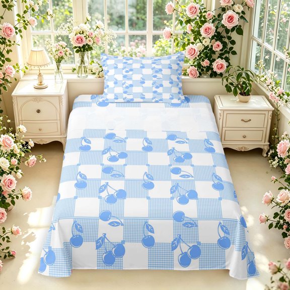 Manfei Geometric Check Twin Sheets,Cute Cherry Bedding,Blue Red,3 Pieces,1 Flat Sheet,1 Fitted Sheet and 1 Pillowcase