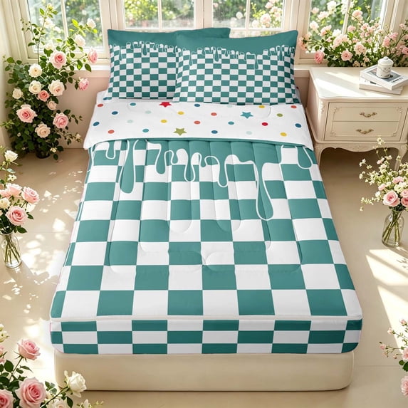 Manfei Geometric Check Zipper Full Size Comforter Sets with Fitted Sheet and 2 Pillowcases,Modern Checkered Zipper Bedding Set,Teal Green,Polkadot Reversible,4pcs