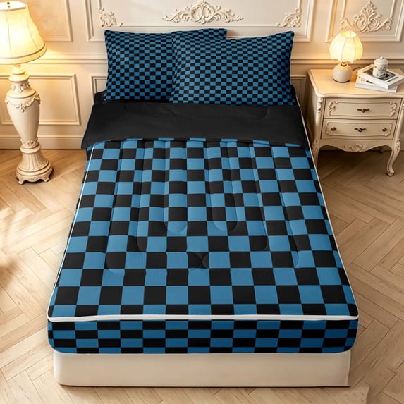 Manfei Geometric Check Zipper Queen Comforter Set with Fitted Sheet and 2 Pillowcases,Classic Plaid Zipper Bedding Set,Blue Black,Black Reversible,4pcs