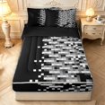 thumbnail image 1 of Manfei Geometric Check Zipper Queen Comforter Set with Fitted Sheet and 2 Pillowcases,Modern Pixel Zipper Bedding Set,Black Gray White,Black Reversible,4pcs, 1 of 8