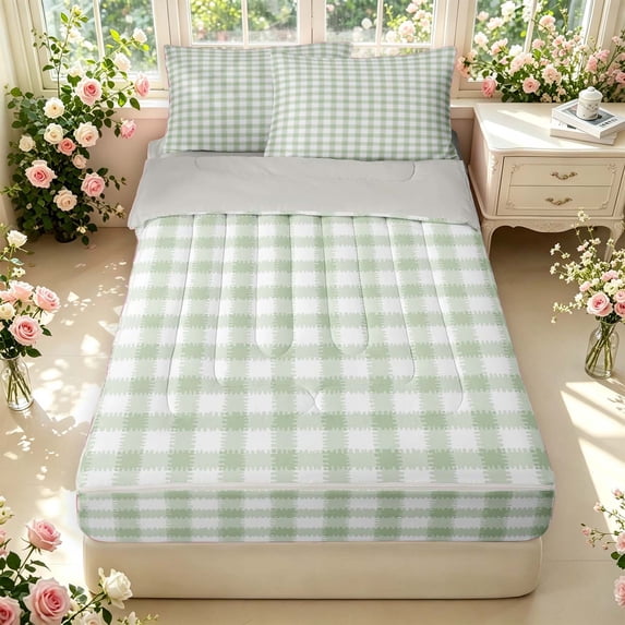 Manfei Geometric Check Zipper Twin Comforter Sets with Fitted Sheet and 2 Pillowcases,Classic Plaid Zipper Bedding Set,Green,Light Gray Reversible,4pcs