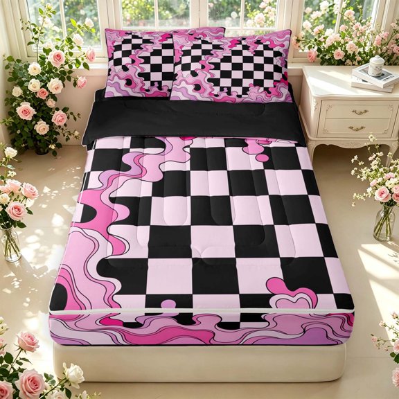 Manfei Geometric Check Zipper Twin Comforter Sets with Fitted Sheet and 2 Pillowcases,Classic Plaid Zipper Bedding Set,Pink Purple Black,Black Reversible,4pcs
