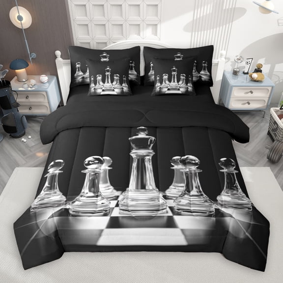 Manfei Geometric Checkerboard 7-Piece Twin Bedding Sets,Board Game Gaming Bedding Comforter Set,International Chess Sheet Sets For Girls Boys,Super Cozy Room Decor Reversible