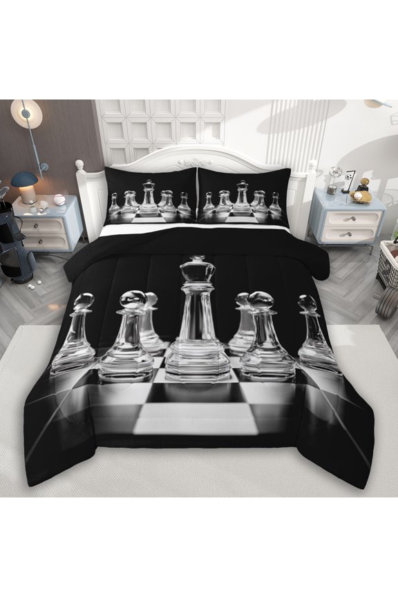 Geometric Checkerboard Queen Comforter Set,Board Game Gaming Bedding Sets,International Chess Bedding Comforter Set For Girls Boys,Super Cozy Room Decor Reversible,3pcs