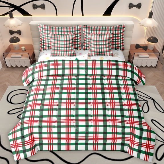 Manfei Geometric Checkered 7pcs Bedding Comforter Set,Retro Striped Lines Queen Bedding Sets,Red Green White Queen Sheet Sets For Teens,Ultra Soft Home Decor Reversible