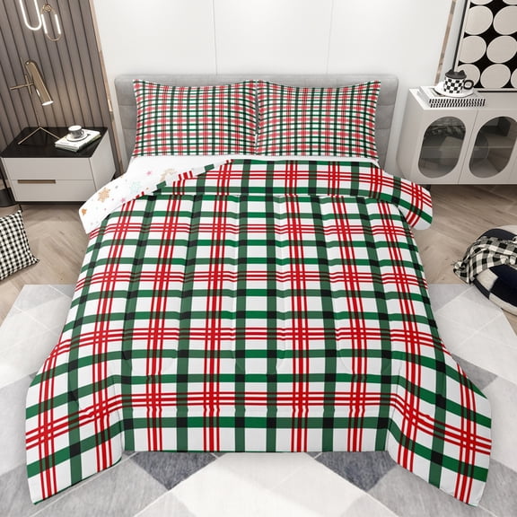 Manfei Geometric Checkered Full Size Comforter Sets,Retro Striped Lines Bedding Comforter Set,Red Green White Bedding Sets For Teens,Ultra Soft Home Decor Reversible,3-Piece