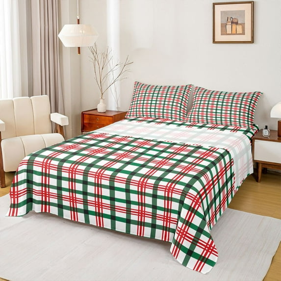 Manfei Geometric Checkered Full Size Sheets,Retro Striped Lines Bed Sheets,Red Green White Sheet Sets For Teens,Ultra Soft Home Decor,4-Piece