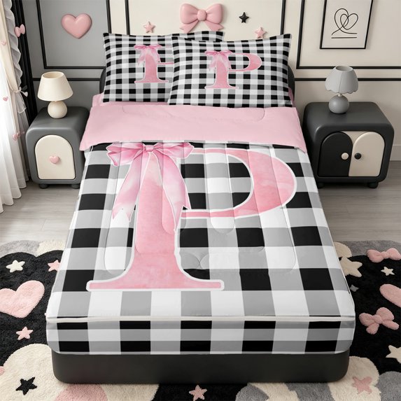 Manfei Geometric Checkered Print Zipper Queen Comforter Set with Fitted Sheet and 2 Pillowcases,Initial Letter P Zipper Bedding Set,Pink Reversible,4pcs