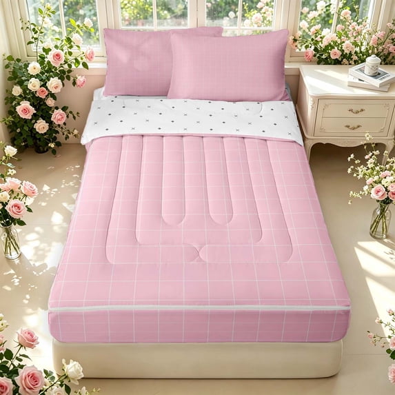 Manfei Geometric Checkered Zipper Full Size Comforter Sets with Fitted Sheet and 2 Pillowcases,Minimalist Grid Zipper Bedding Set,Light Pink,Reversible,4pcs