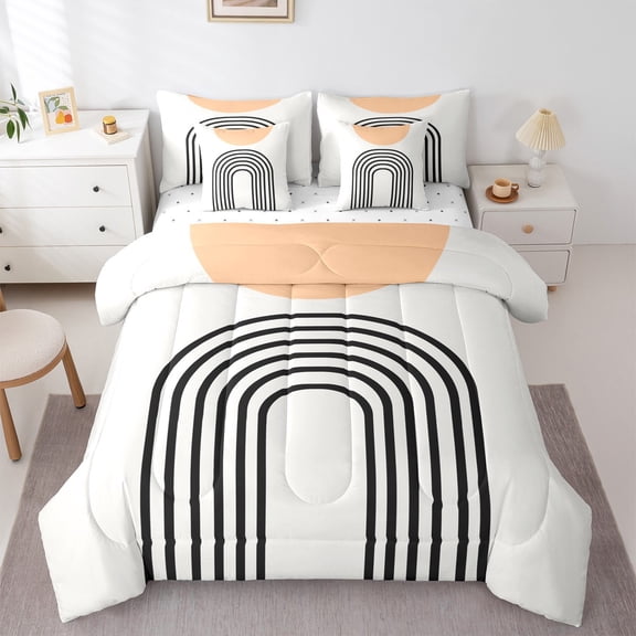 Manfei Geometric Circle Lines 7-Piece Bedding Comforter Set,Abstract Stripes Aestheric King Bedding Sets,Beige Black Bed Sheets For Teens,Ultra Soft Home Decor Reversible