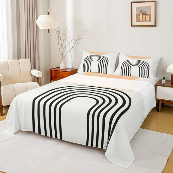 Manfei Geometric Circle Lines Twin Sheet Sets,Abstract Stripes Aestheric Twin Fitted Sheet,Beige Black Flat Sheet For Teens,Ultra Soft Home Decor,3 Pieces
