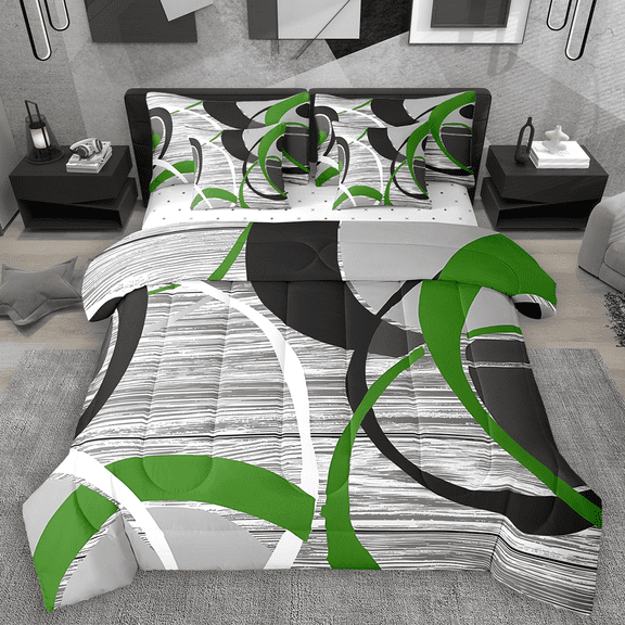 Manfei Geometric Circles Bedding Comforter Set 7-Piece, Gray Green Black Full Bedding Set, Contemporary Abstract Art Fitted Sheet Flat Sheet, Luxury Bedroom Decor