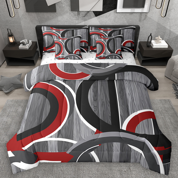 Manfei Geometric Circles Bedding Comforter Set 7-Piece, Red Gray Black Full Bedding Set, Contemporary Abstract Art Fitted Sheet Flat Sheet, Ultra Soft Home Decor
