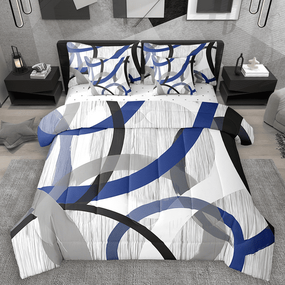 Manfei Geometric Circles Bedding Comforter Set 7pcs, Gray Blue Black King Bedding Sets, Contemporary Abstract Art Bed Sheets, Microfiber Bedroom Decor