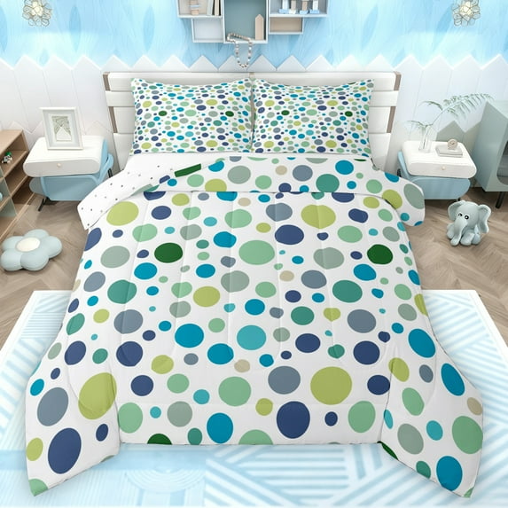 Manfei Geometric Circular Dot Bedding Comforter Set,Modern Geometric Art Twin Comforter Sets,Green Blue White Bedding Set For Kids,Luxury Bedroom Decor Reversible,2 Pieces