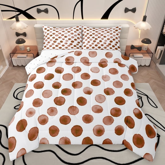 Manfei Geometric Circular Dot Queen Comforter Set,Modern Geometric Art Bedding Sets,Brown White Bedding Comforter Set For Kids,Luxury Bedroom Decor Reversible,3 Pieces