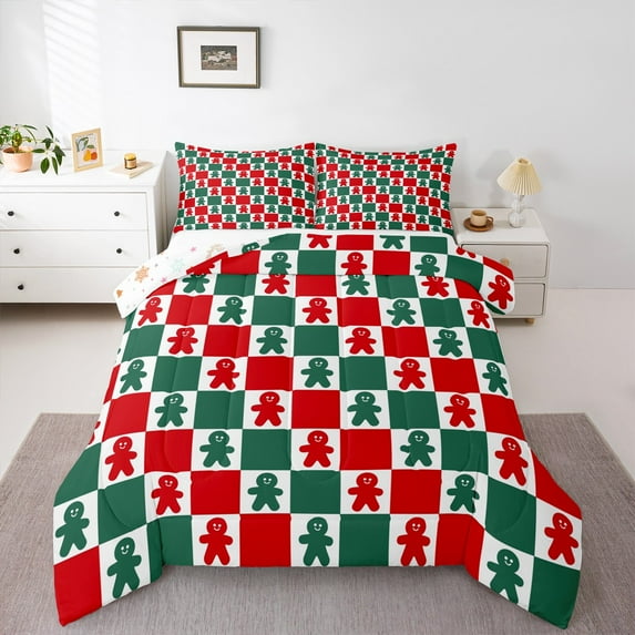 Manfei Geometric Classic Plaid Bedding Comforter Set,Green Red Grid Twin Comforter Sets,Kawaii Gingerbread Man Bedding Set For Children,Breathable Home Decor Reversible,2 Pieces