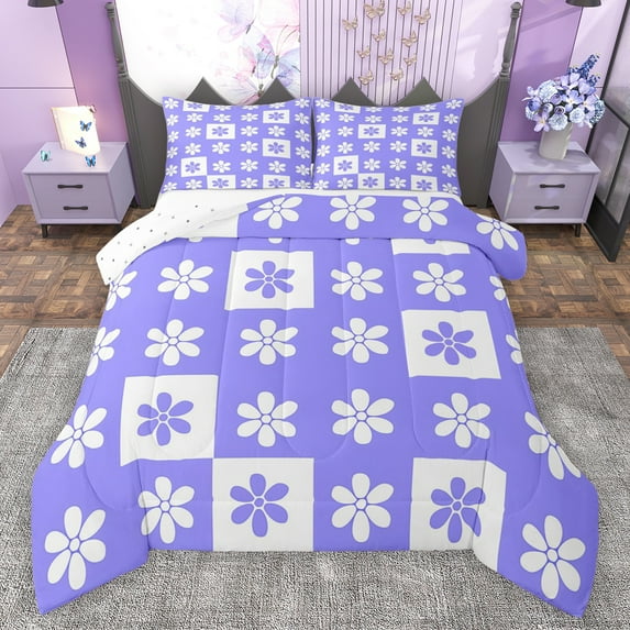 Manfei Geometric Flower Floral Bedding Comforter Set,Cute Cartoon Cherry Twin Comforter Sets,Purple White Bedding Set For Teens,Breathable Home Decor Reversible,2-Piece